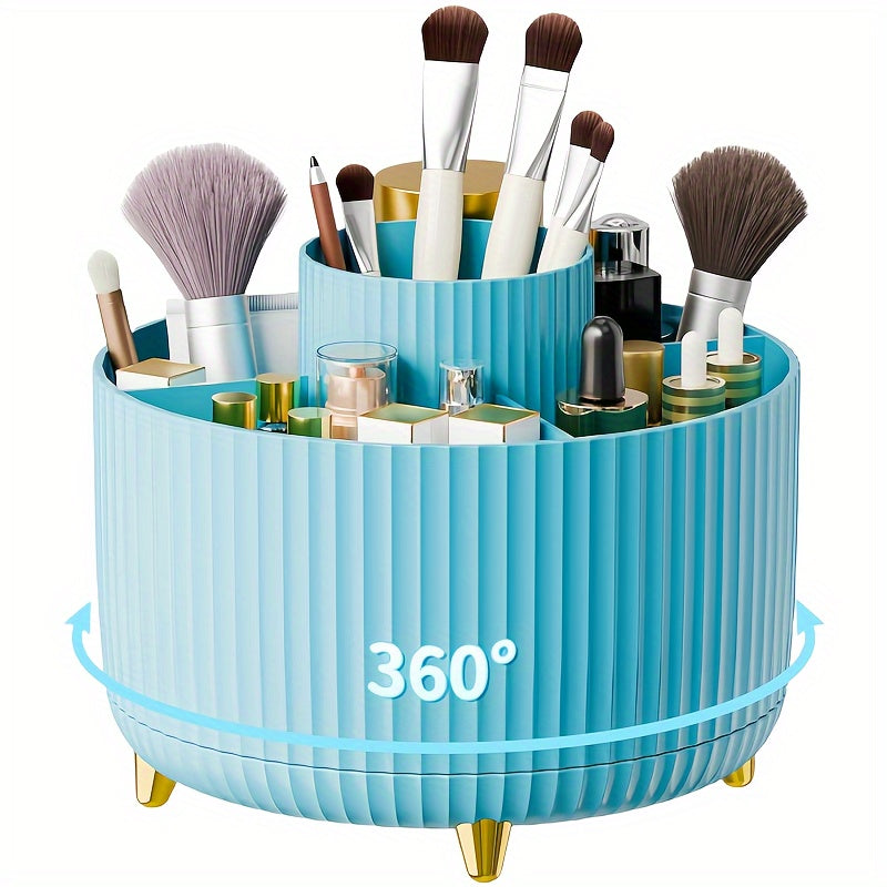 360° Rotating Makeup Organizer - 1pc Plastic Cosmetic Storage with 5 Compartments - Multi-Functional Holder for Brushes, Lipsticks, Skin Care Products, and Stationery - Durable Unscented Desk Caddy with Luxury Stripe Design