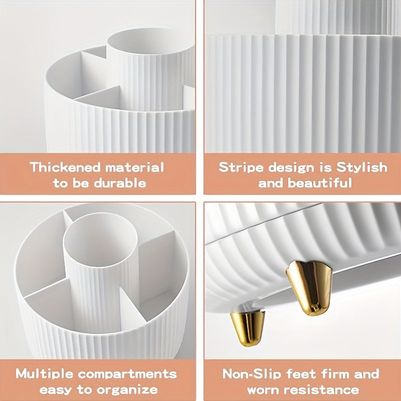 360° Rotating Makeup Organizer - 1pc Plastic Cosmetic Storage with 5 Compartments - Multi-Functional Holder for Brushes, Lipsticks, Skin Care Products, and Stationery - Durable Unscented Desk Caddy with Luxury Stripe Design