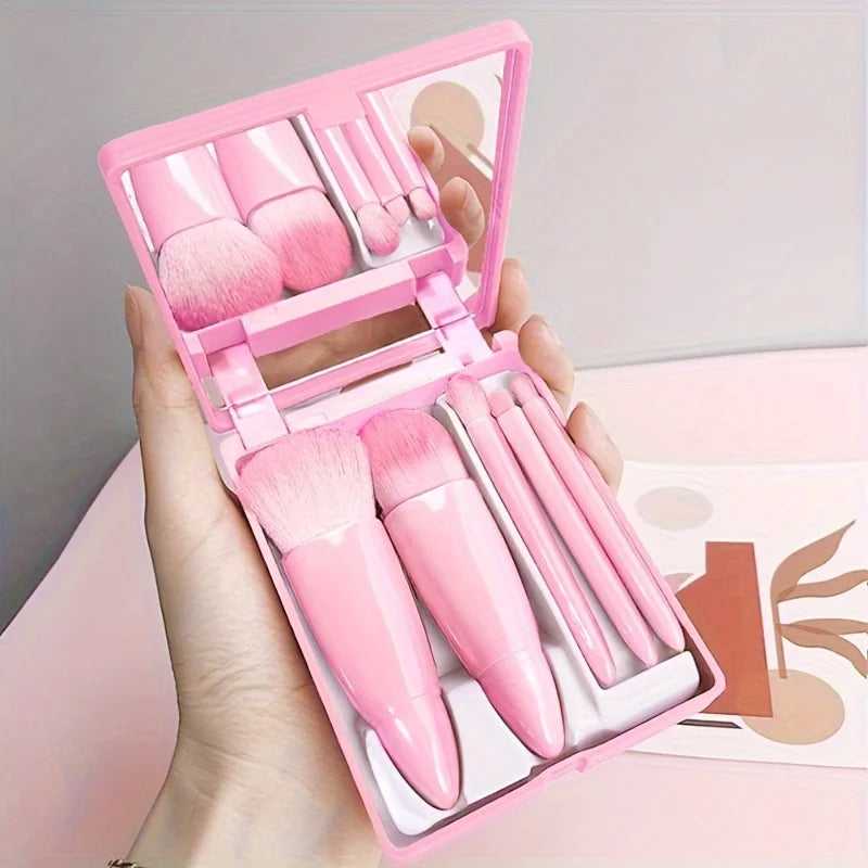 5Pcs Portable Makeup Brush Set With Mirror -  Foldable Travel Kit ，Mini Makeup Brush Set Travel Makeup Brush Set