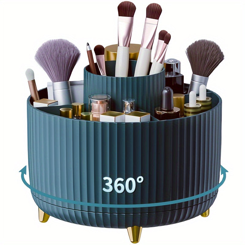 360° Rotating Makeup Organizer - 1pc Plastic Cosmetic Storage with 5 Compartments - Multi-Functional Holder for Brushes, Lipsticks, Skin Care Products, and Stationery - Durable Unscented Desk Caddy with Luxury Stripe Design